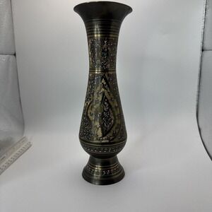 Vintage etched‎ brass Vase white, turquoise and pink hand painted detailing 10"